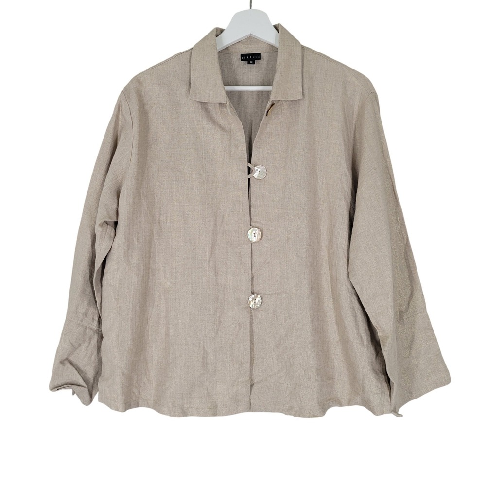 Staples Linen Jacket Womens S Beige Gold Metallic Button Front Shimmer Made USA